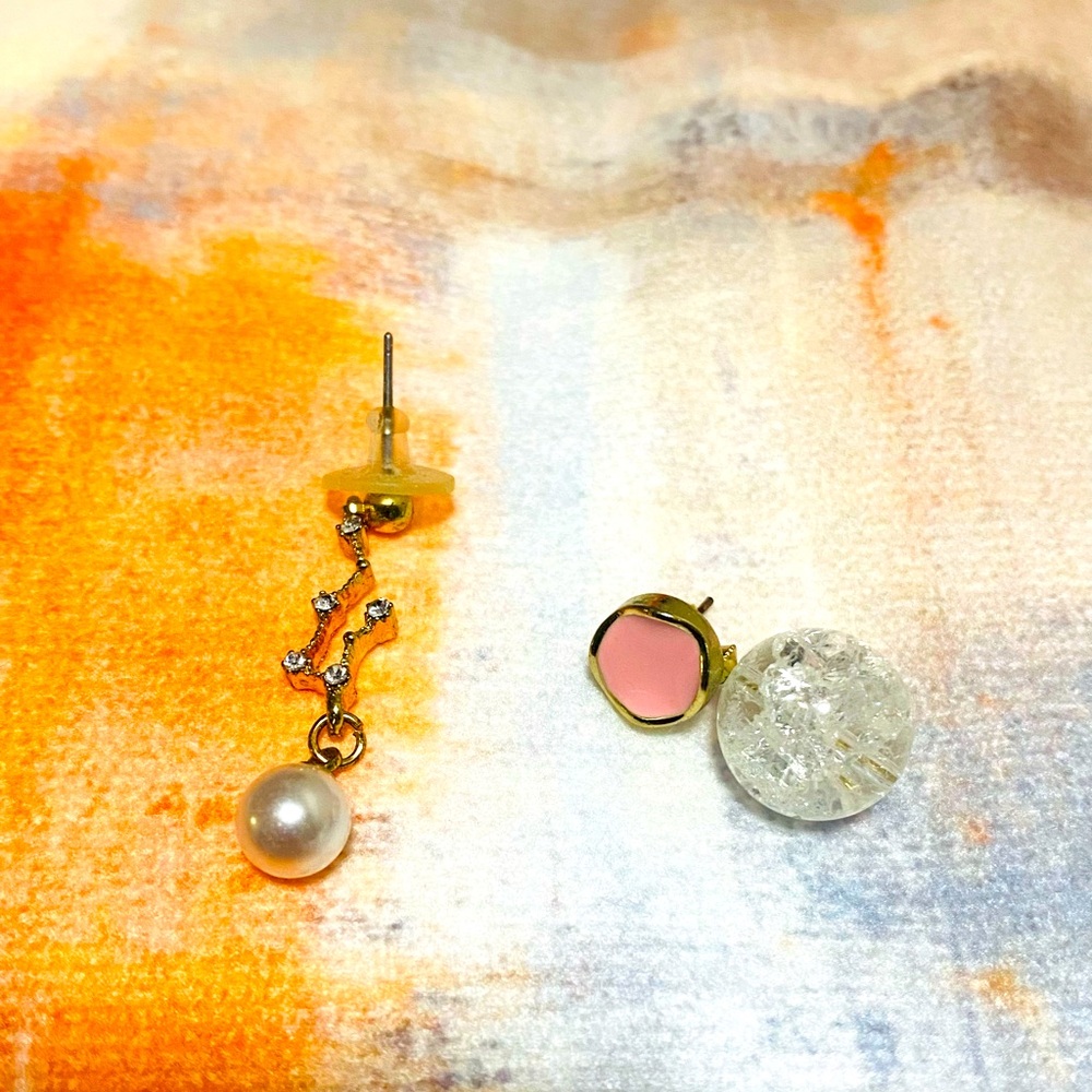 Women Fashion Earrings Asymmetric Pink/Gold